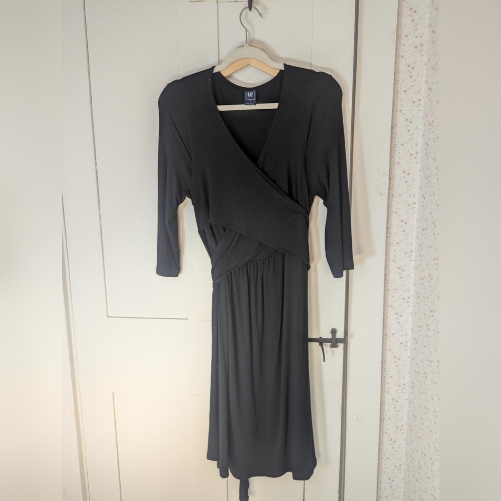 Gap Maternity Wrap Dress Black Nursing Comfort Cotton Post Partum Back Tie Loose